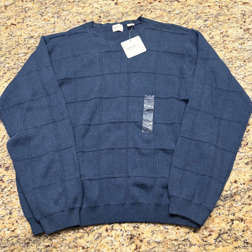 NEW Arrow Mens Navy Blue Textured Grid Crewneck Cotton Knit Sweater XL ws